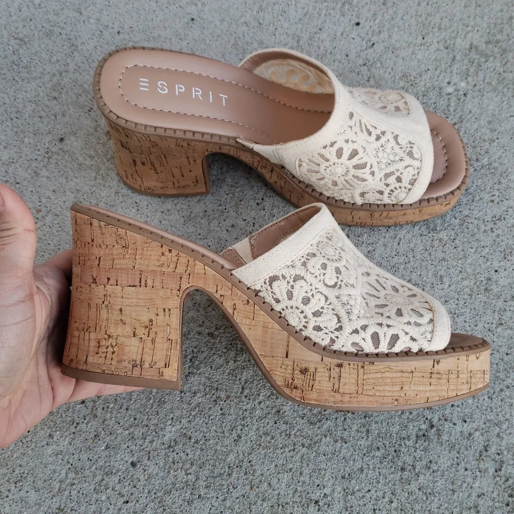 ESPRIT Pheby Floral Embroidered Platform Corks Block Heel Sandals Neutral Boho